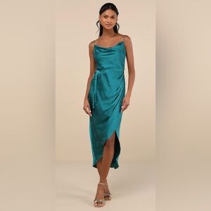 Lulu's Sophisticated Sight Teal Green Satin Jacquard Cowl Midi Dress in size S.